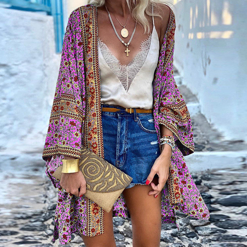 Women's Loose Boho Long Sleeve Printed Midi Cardigan