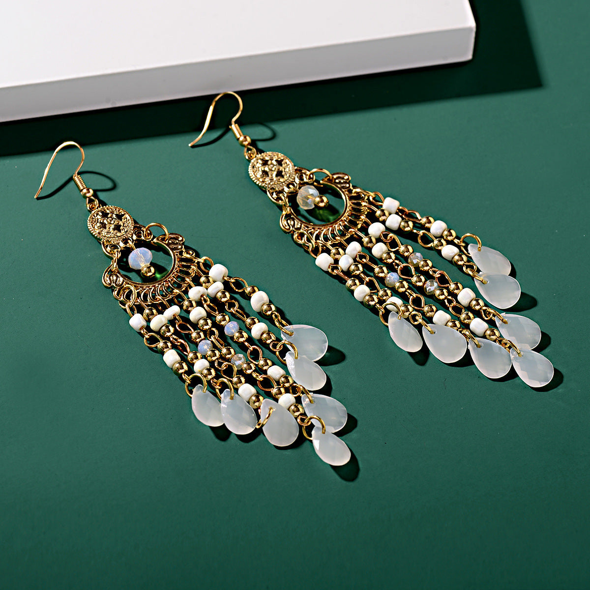 Bohemian Gem All Match Water Drop Tassel Temperamental Dangle Earrings