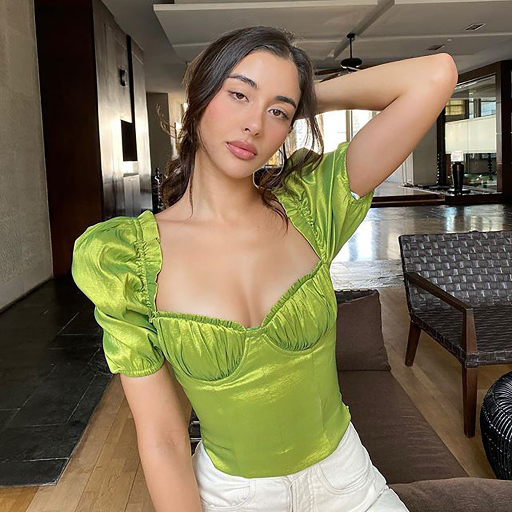 Solid Color Ruffled Lace Slim-fit T-shirt