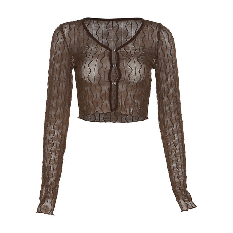 Women's Pure Color Mesh Cardigan Long Sleeve Short T-shirt