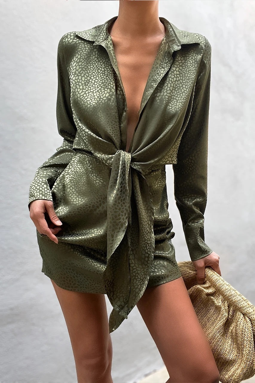 Ladies Long Sleeved Shirt Dress Lace Up Skirt