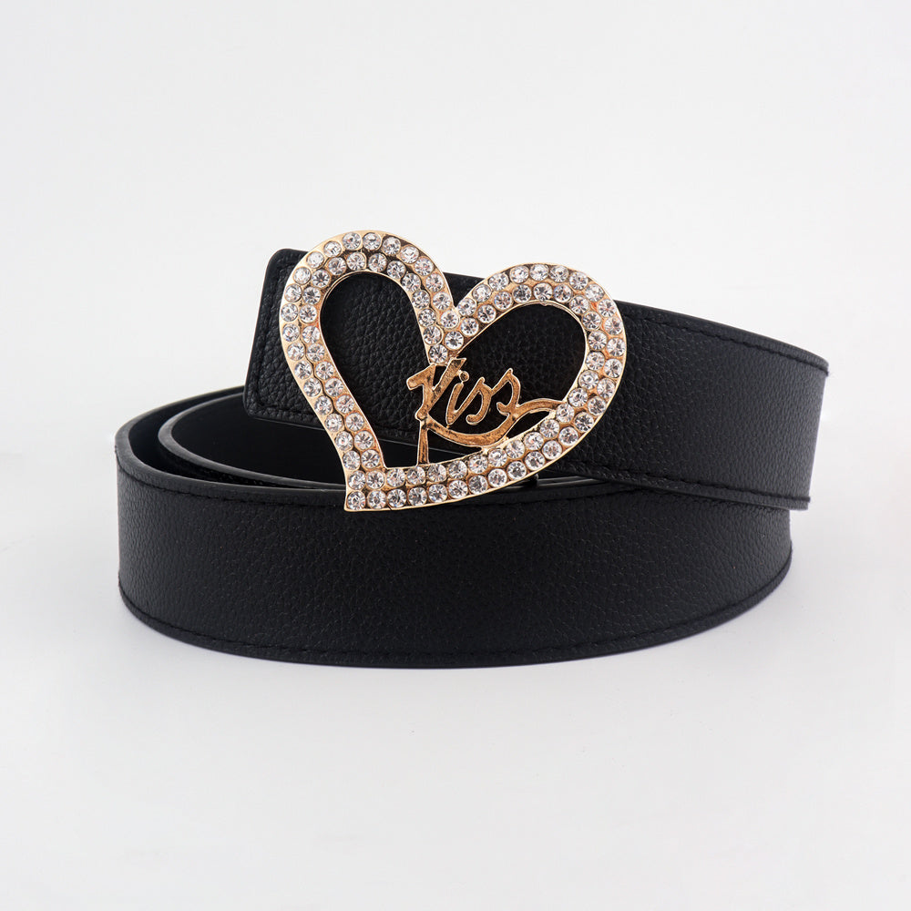 Black Ladies Belt Love Inset Rhinestone Golden Kiss Belt Fashion Hundred Matching Jeans Skirt Coat Coat