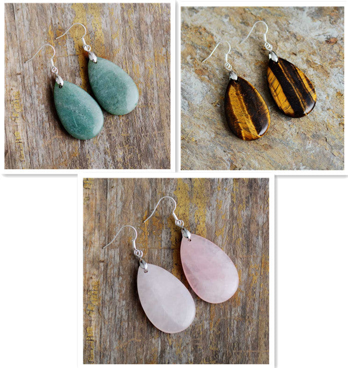 Aventurine Rose Quartz Tiger Eye Teardrop Dangle Earrings