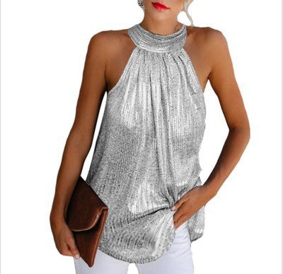 Hanging neck zipper sleeveless T-shirt casual top