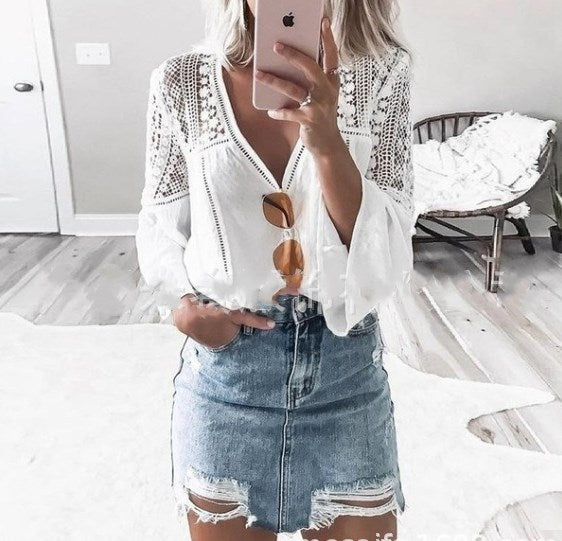 V-neck Lace Flared Sleeve Ladies Shirt