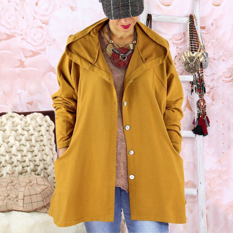 Solid color breasted hooded women's trench coat