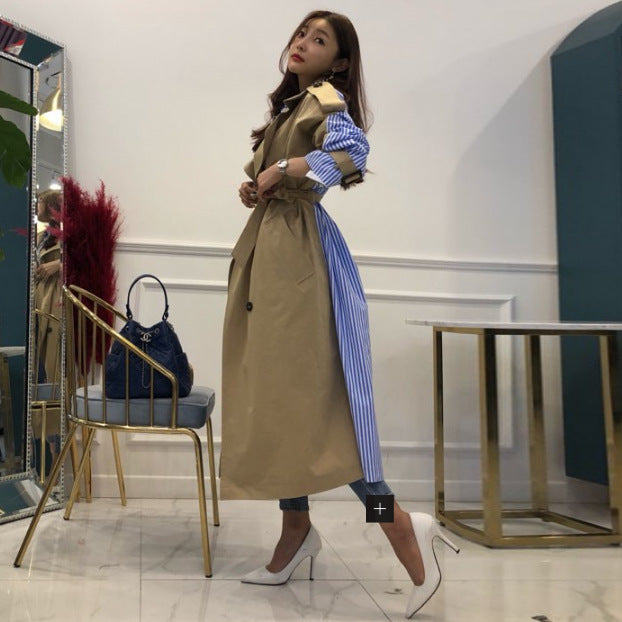 Lapel tie striped trench coat