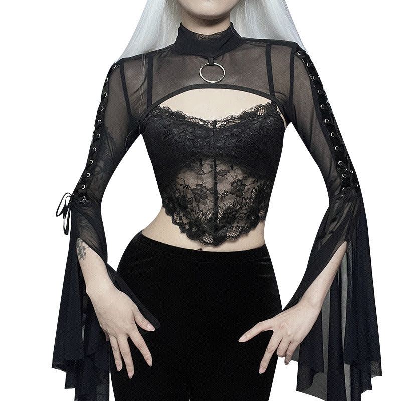 Women's Mesh Flared Sleeves Dark Style Long-sleeved Blouse