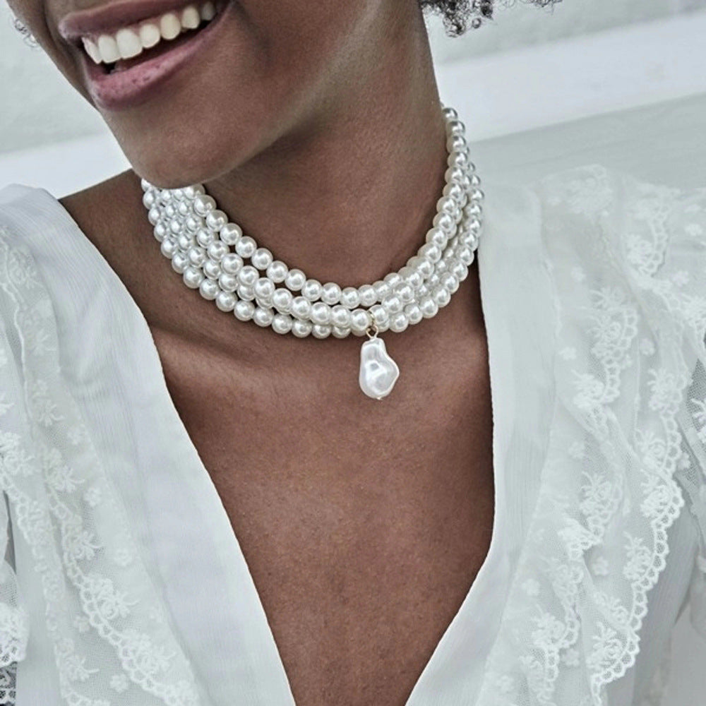 Simple Multilayer Round Pearl Pendant Necklace Women