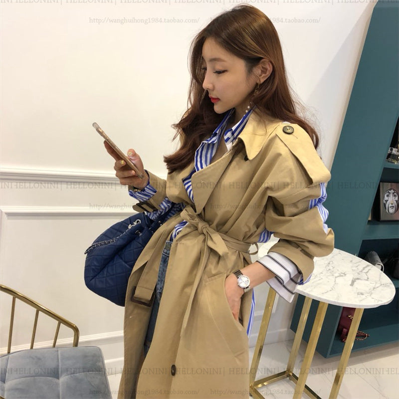 Lapel tie striped trench coat