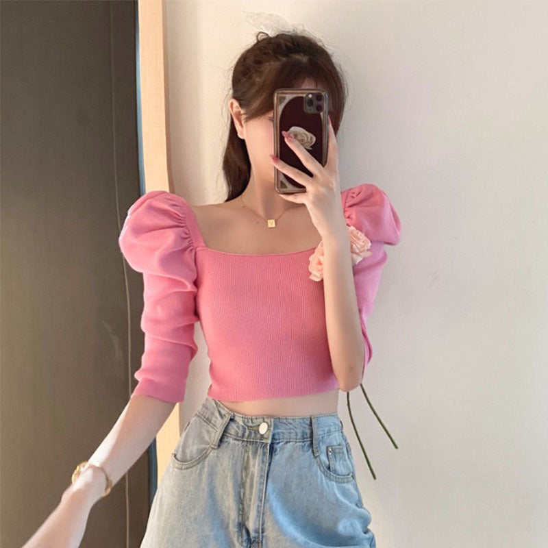 Square neck puff sleeve short sleeve