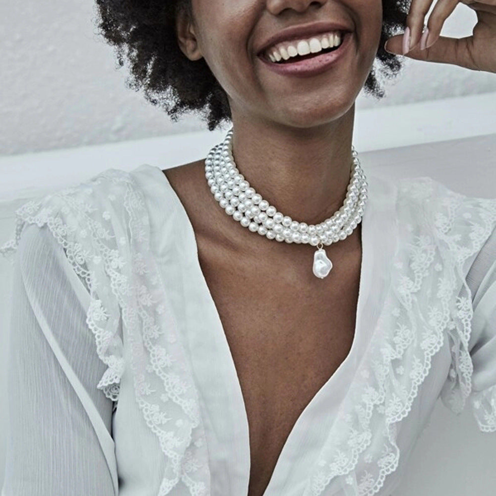 Simple Multilayer Round Pearl Pendant Necklace Women