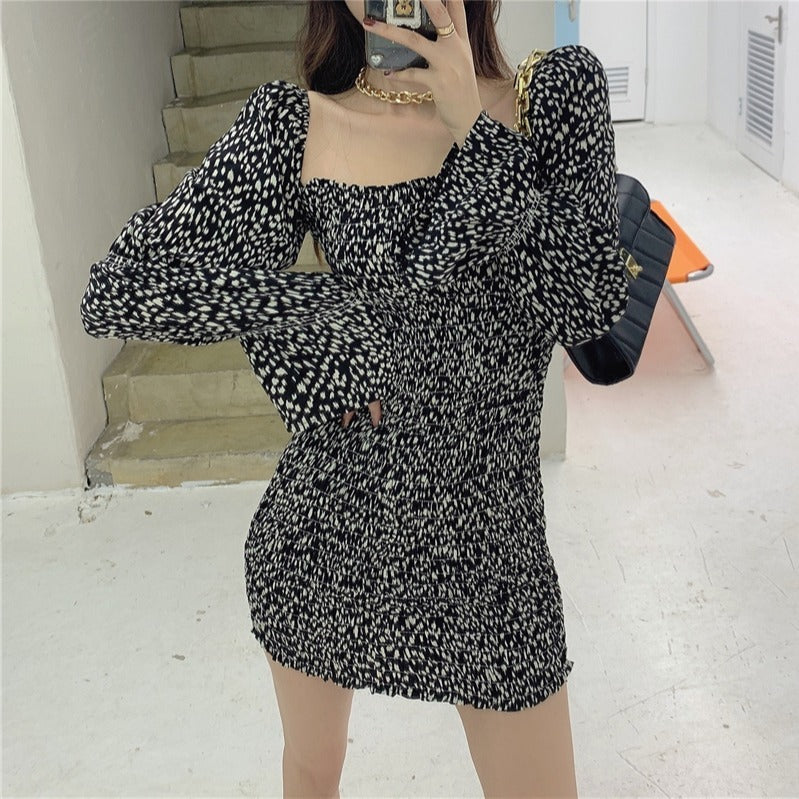 Retro Color Puff Sleeve Slim Fit Hip Dress Long Sleeve Bottoming Skirt