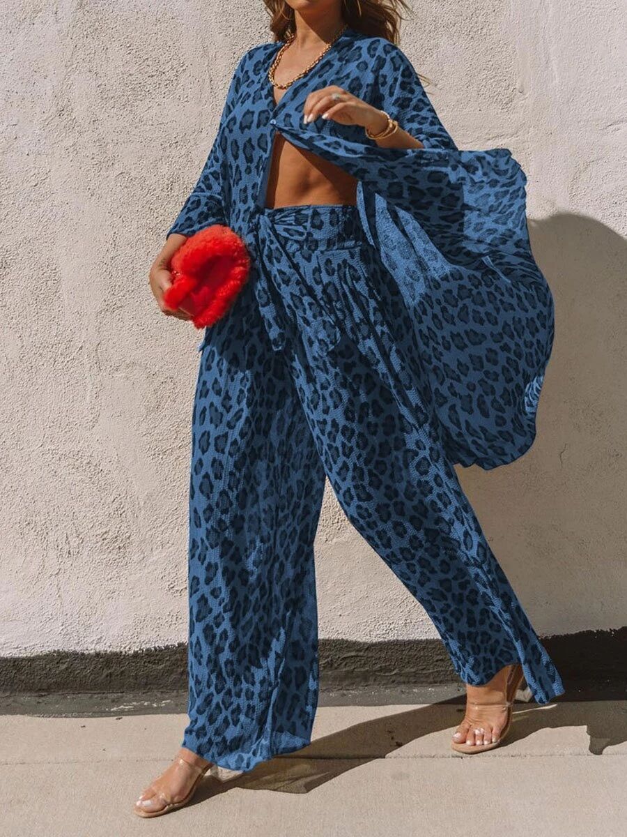 Autumn Women's New Style Amazon Hot-Selling Leopard Print Shirt Wide-Leg Pants Loose Fried Street Fashion Suit
