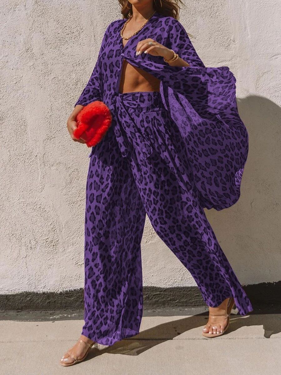 Autumn Women's New Style Amazon Hot-Selling Leopard Print Shirt Wide-Leg Pants Loose Fried Street Fashion Suit