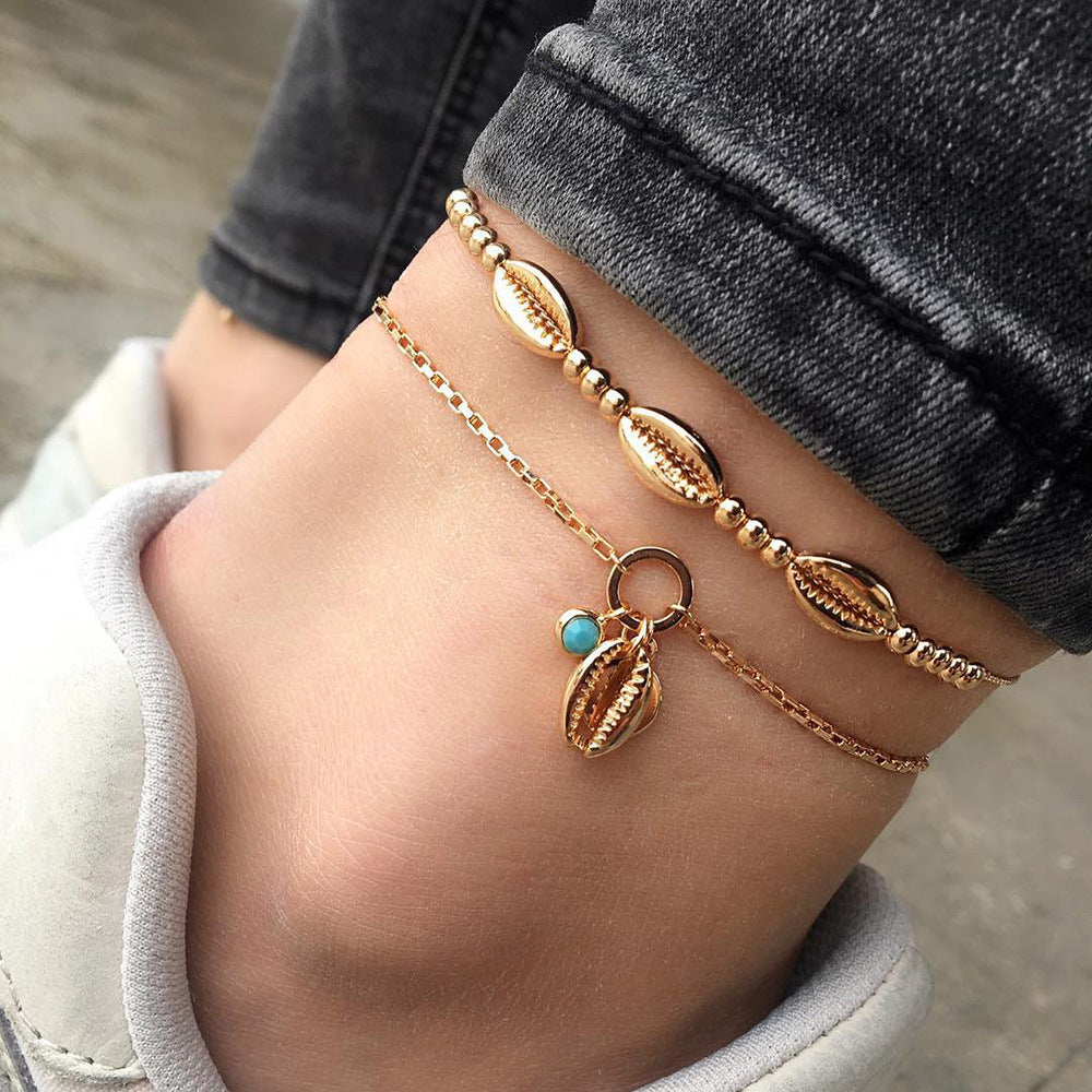 Boho Style Handmade Beaded Metal Shell Anklet