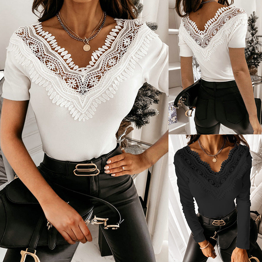 V-Neck Lace Stitching Embroidered Short Sleeves