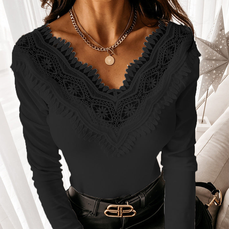 V-Neck Lace Stitching Embroidered Short Sleeves