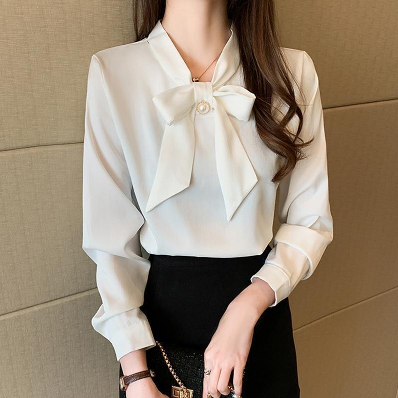 Spring New Bow Satin Long Sleeved Inner Shirt Blouse