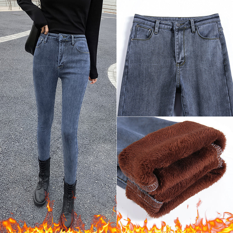Fleece Jeans Women'S High Waist Outer Wear With Fleece Thickening Heat And Thin Tight Feet Pants