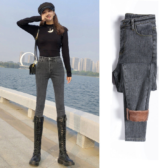 Fleece Jeans Women'S High Waist Outer Wear With Fleece Thickening Heat And Thin Tight Feet Pants