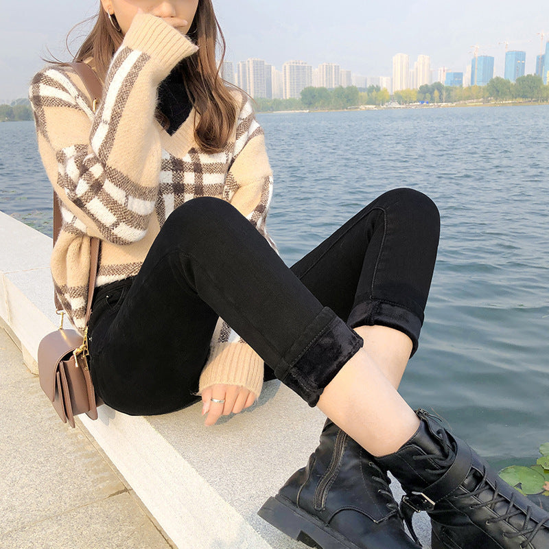 Fleece Jeans Women'S High Waist Outer Wear With Fleece Thickening Heat And Thin Tight Feet Pants