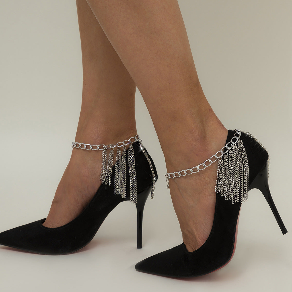 Retro Tassel Inlaid Diamond Chain Shoes With Anklet Fashion Trend Geometric High Heels Chain Women