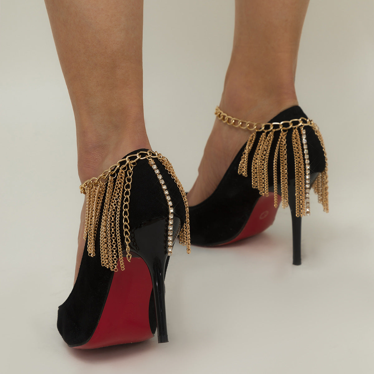 Retro Tassel Inlaid Diamond Chain Shoes With Anklet Fashion Trend Geometric High Heels Chain Women
