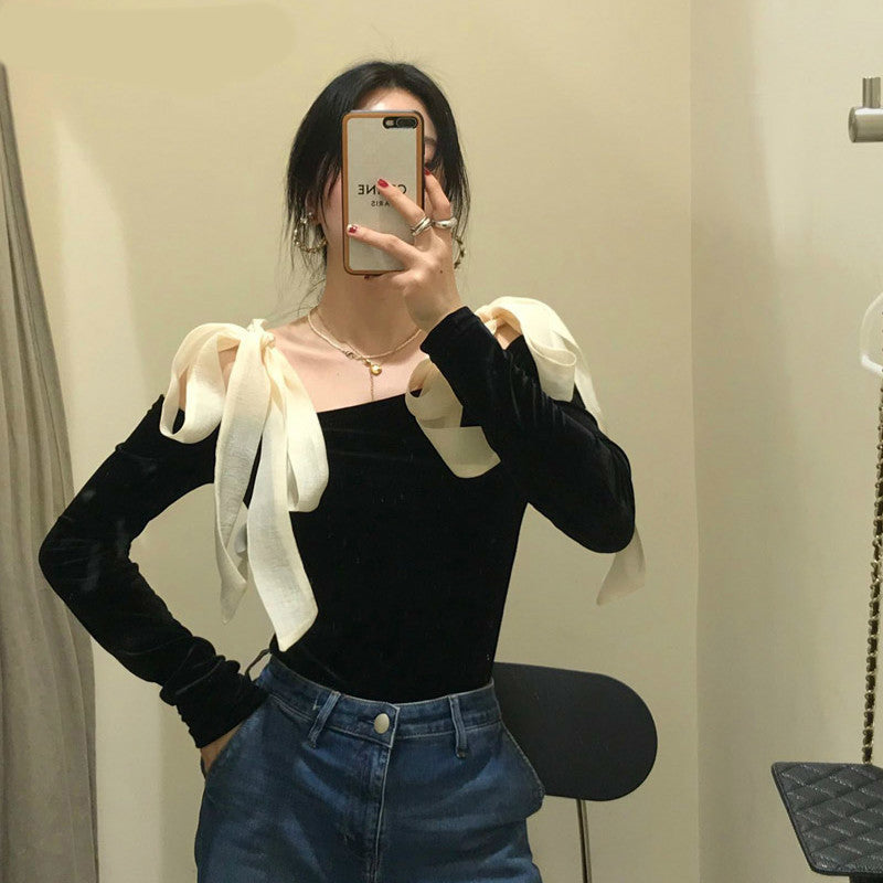 One-word Neck Drop Shoulder Lace Bow Top