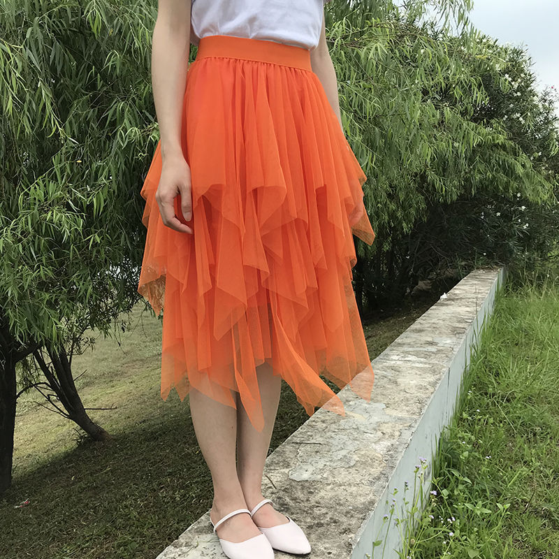Irregular Mesh Skirt Female High Waist Age-Reducing A-Line Fairy Puff Skirt Gauze Skirt Mid-Length