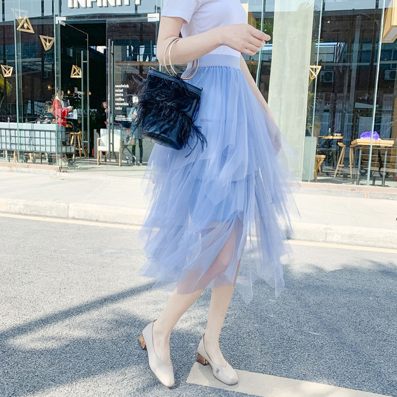 Irregular Mesh Skirt Female High Waist Age-Reducing A-Line Fairy Puff Skirt Gauze Skirt Mid-Length