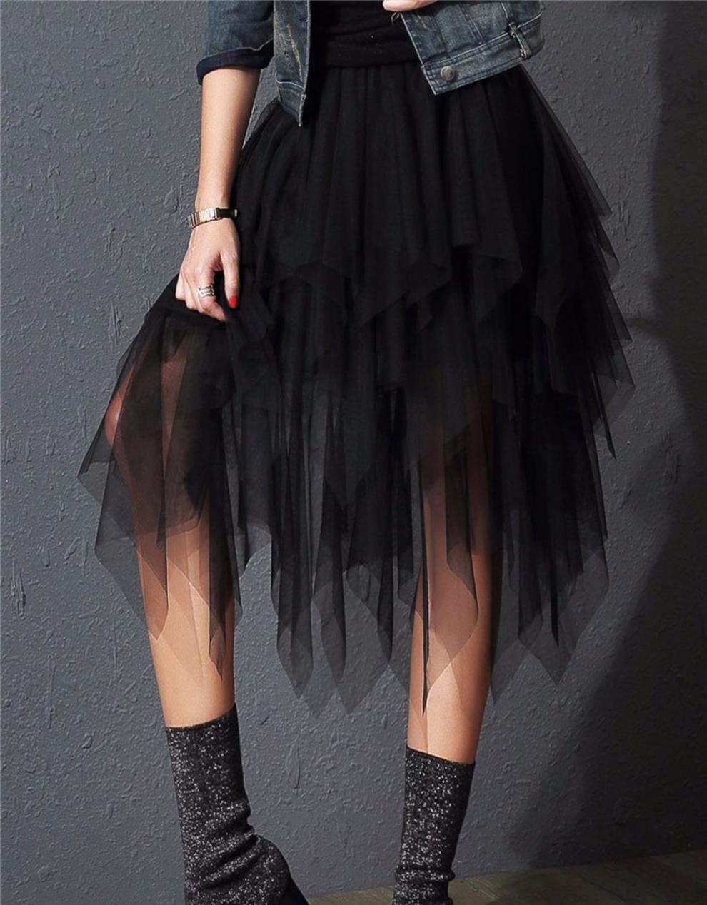 Irregular Mesh Skirt Female High Waist Age-Reducing A-Line Fairy Puff Skirt Gauze Skirt Mid-Length