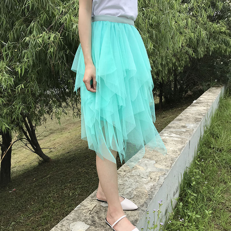 Irregular Mesh Skirt Female High Waist Age-Reducing A-Line Fairy Puff Skirt Gauze Skirt Mid-Length