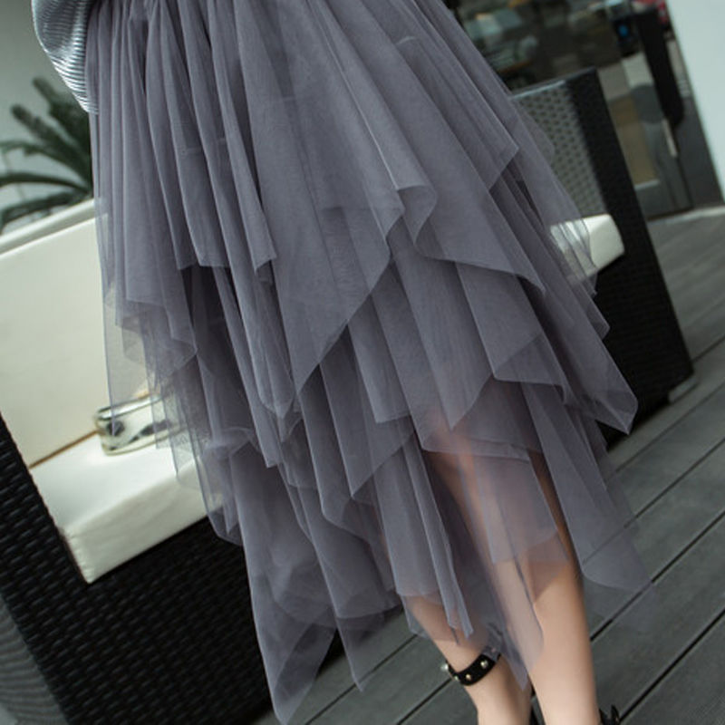 Irregular Mesh Skirt Female High Waist Age-Reducing A-Line Fairy Puff Skirt Gauze Skirt Mid-Length