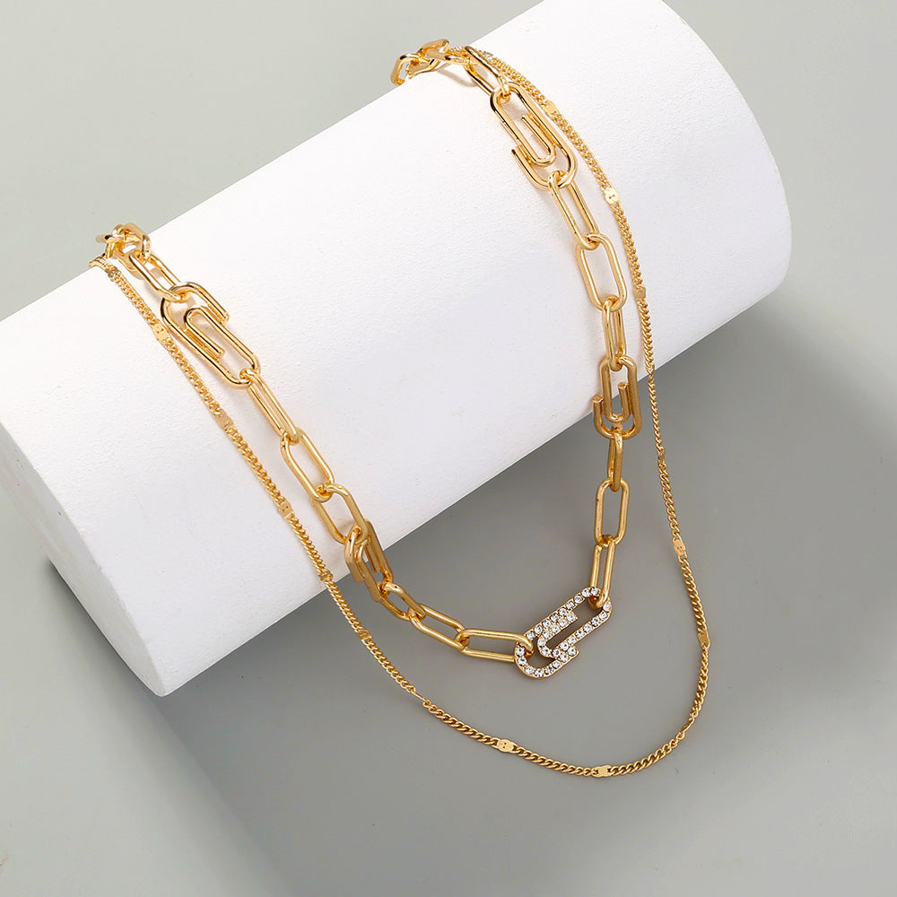 Diamond-encrusted Paper Clip, Safety Needle, Thick Chain, Double Layered Necklace, Clavicle Chain