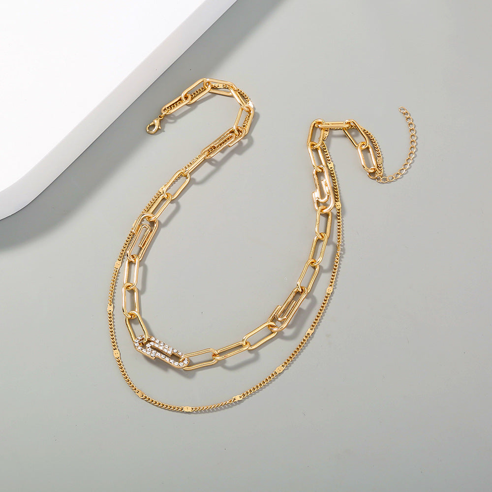 Diamond-encrusted Paper Clip, Safety Needle, Thick Chain, Double Layered Necklace, Clavicle Chain
