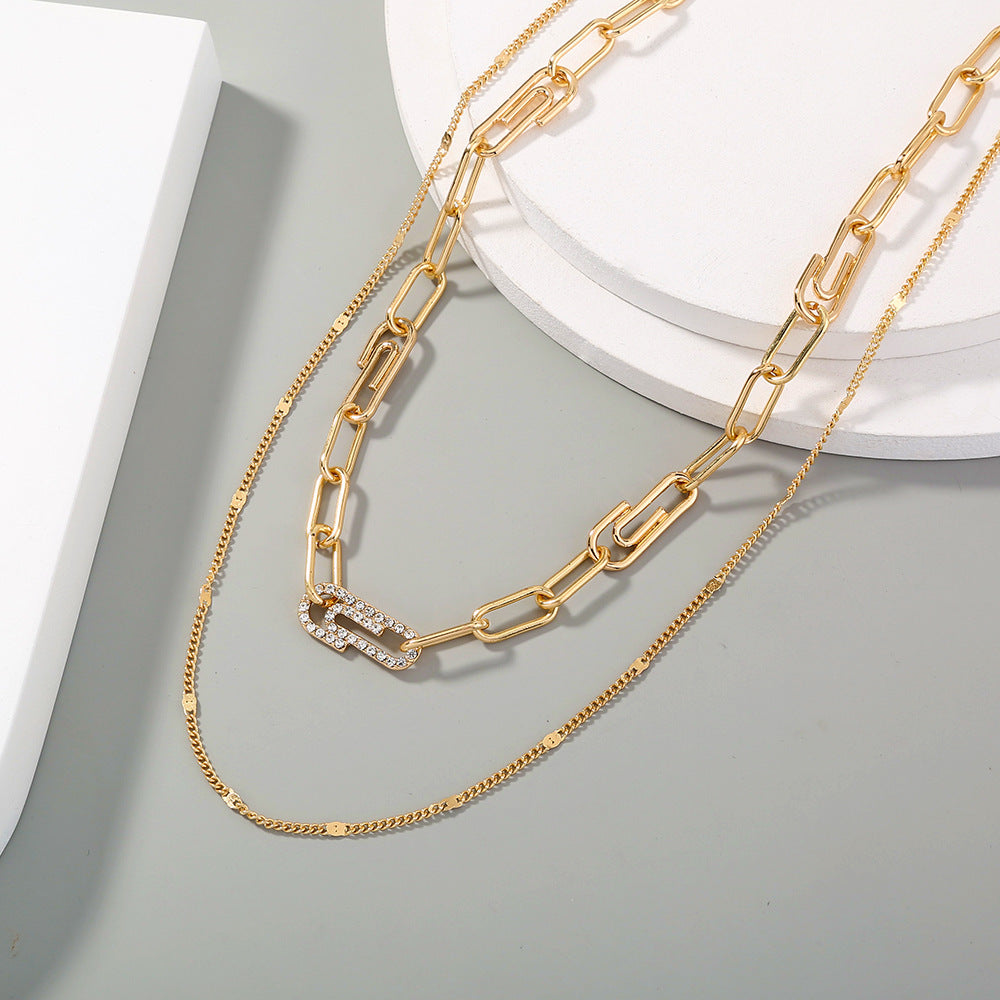 Diamond-encrusted Paper Clip, Safety Needle, Thick Chain, Double Layered Necklace, Clavicle Chain