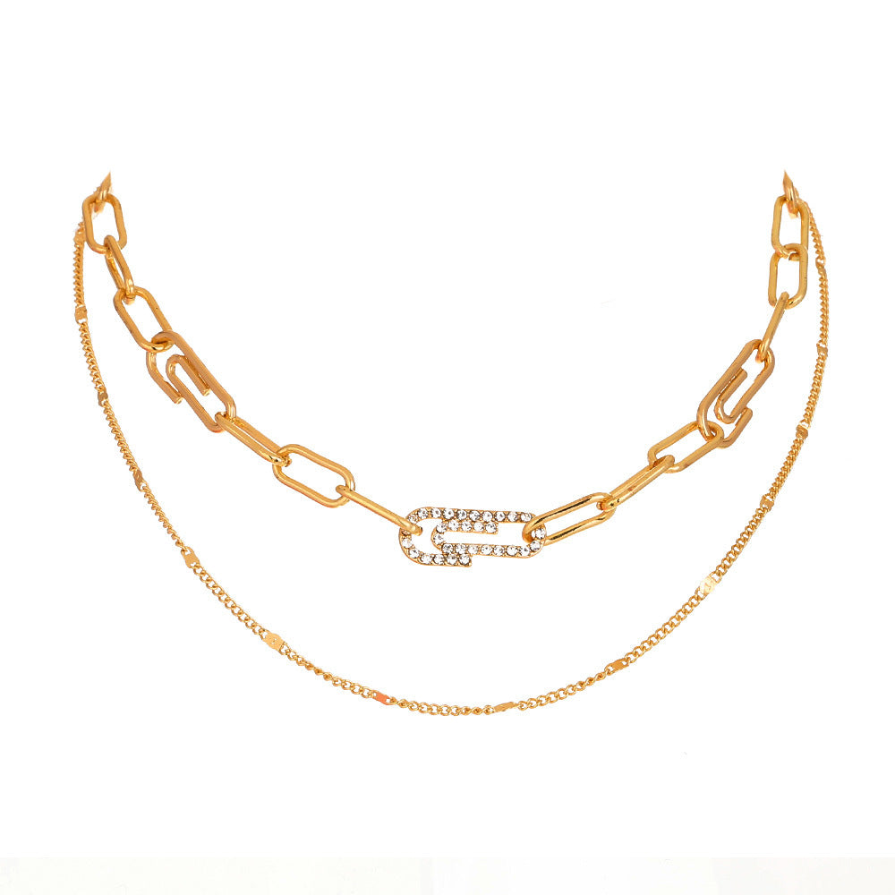 Diamond-encrusted Paper Clip, Safety Needle, Thick Chain, Double Layered Necklace, Clavicle Chain