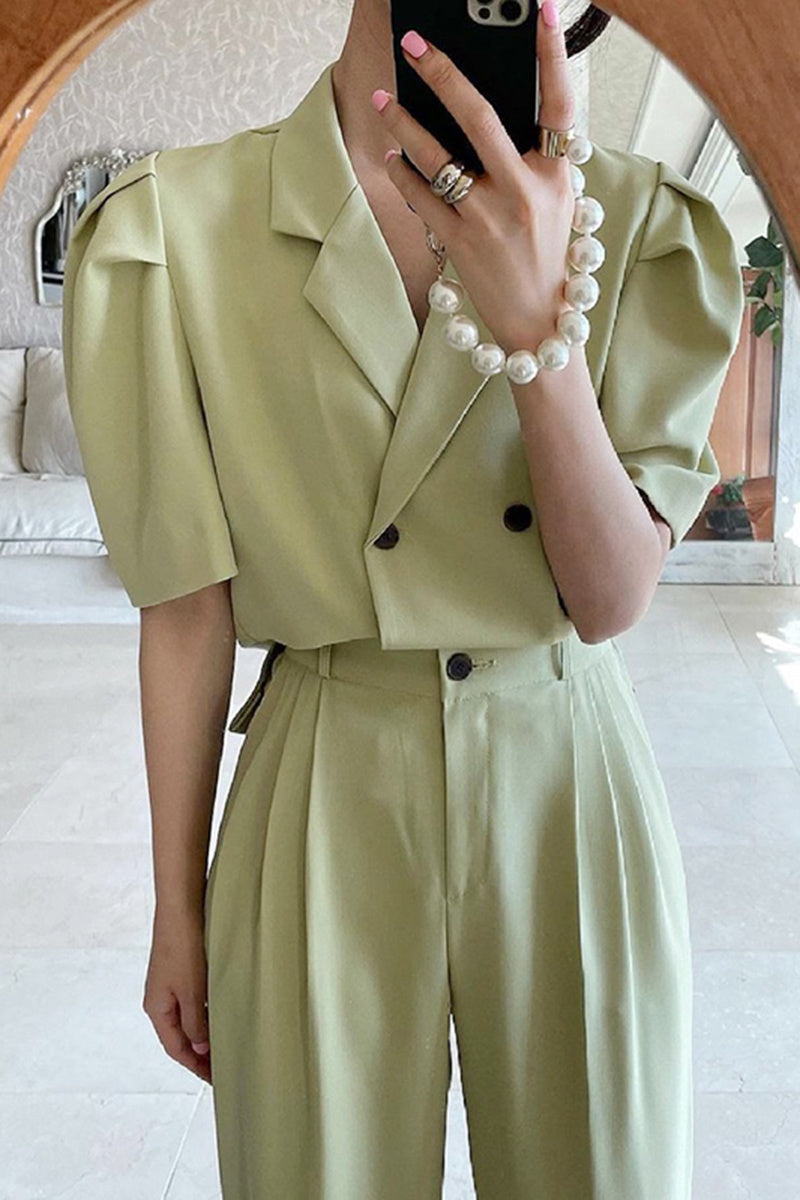 Simple Lapel Double-breasted Puff Sleeve Blazer High-waist Pleated Casual Trousers Trousers Women