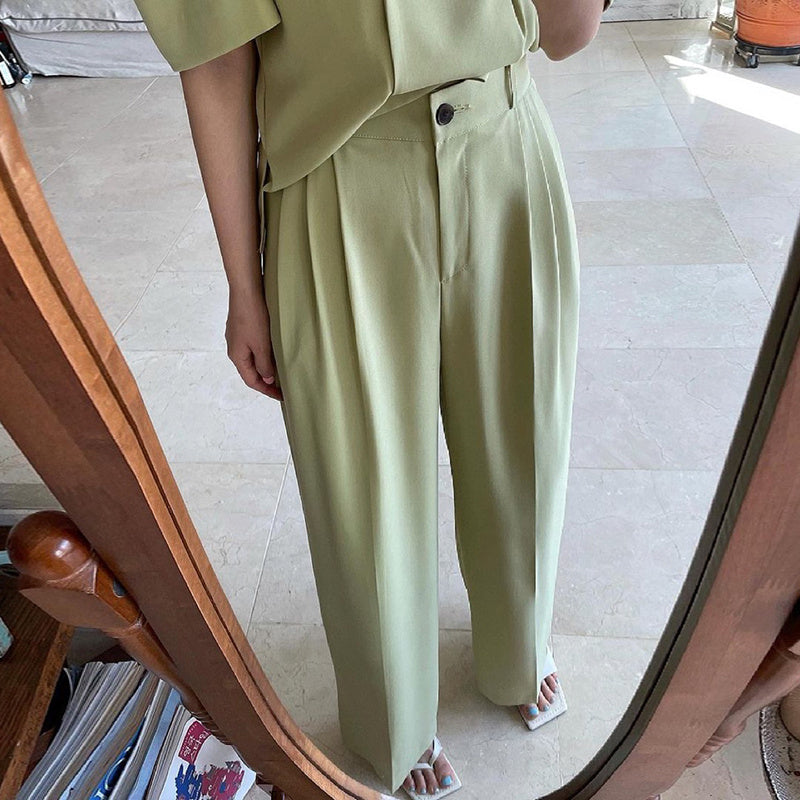 Simple Lapel Double-breasted Puff Sleeve Blazer High-waist Pleated Casual Trousers Trousers Women