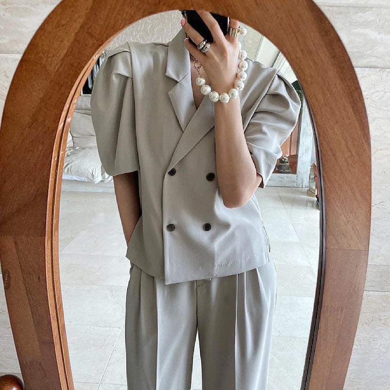 Simple Lapel Double-breasted Puff Sleeve Blazer High-waist Pleated Casual Trousers Trousers Women