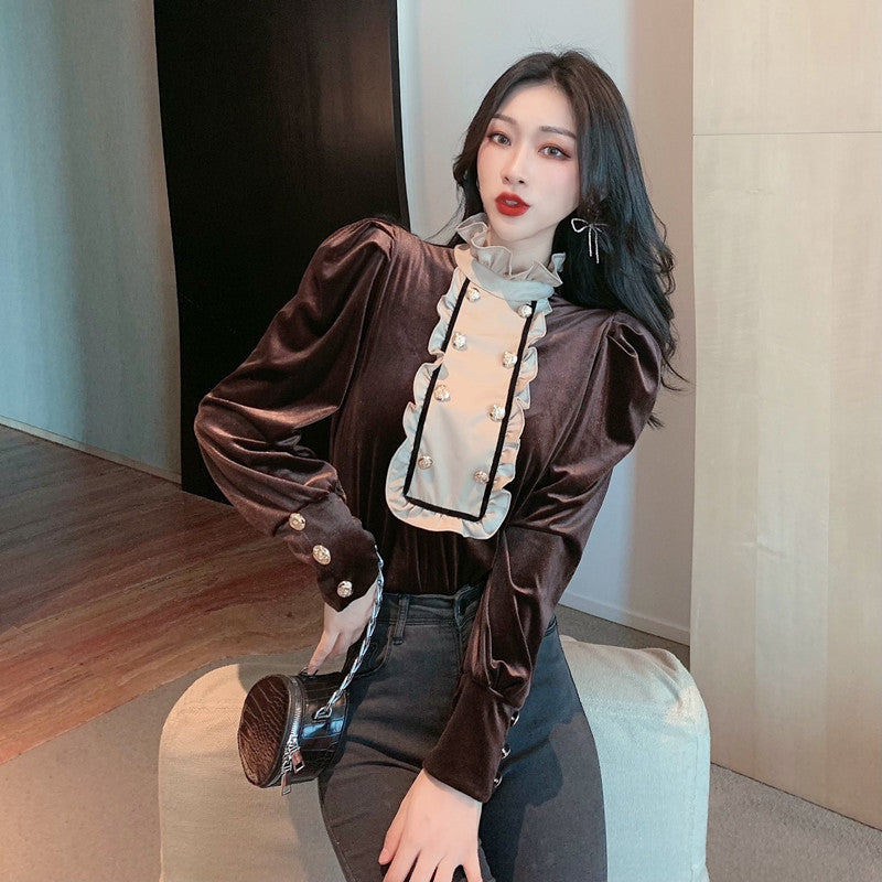 Puff Sleeves, Wooden Ears, And Stand-up Collar Double-breasted Gold Velvet Blouse Women