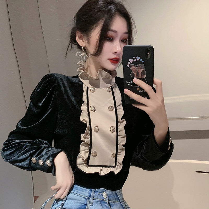 Puff Sleeves, Wooden Ears, And Stand-up Collar Double-breasted Gold Velvet Blouse Women