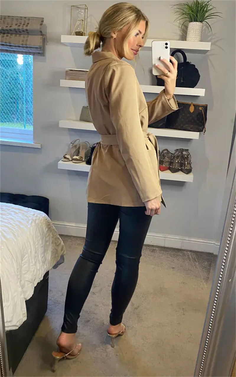 Women's Fashion Pure Color Tied Pocket Small Suit Jacket