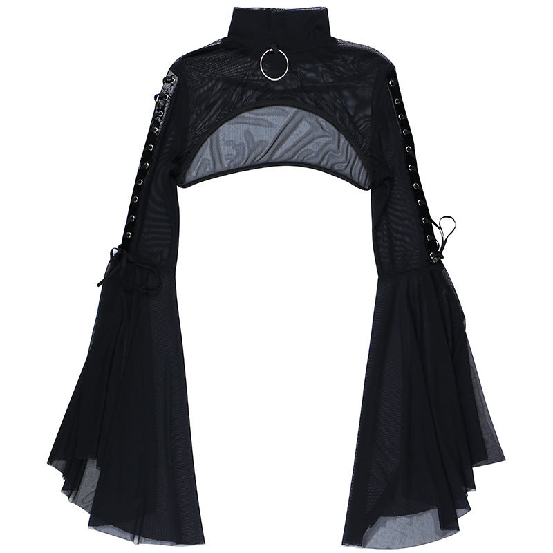 Women's Mesh Flared Sleeves Dark Style Long-sleeved Blouse
