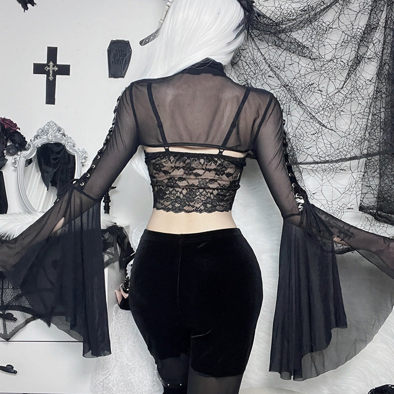 Women's Mesh Flared Sleeves Dark Style Long-sleeved Blouse
