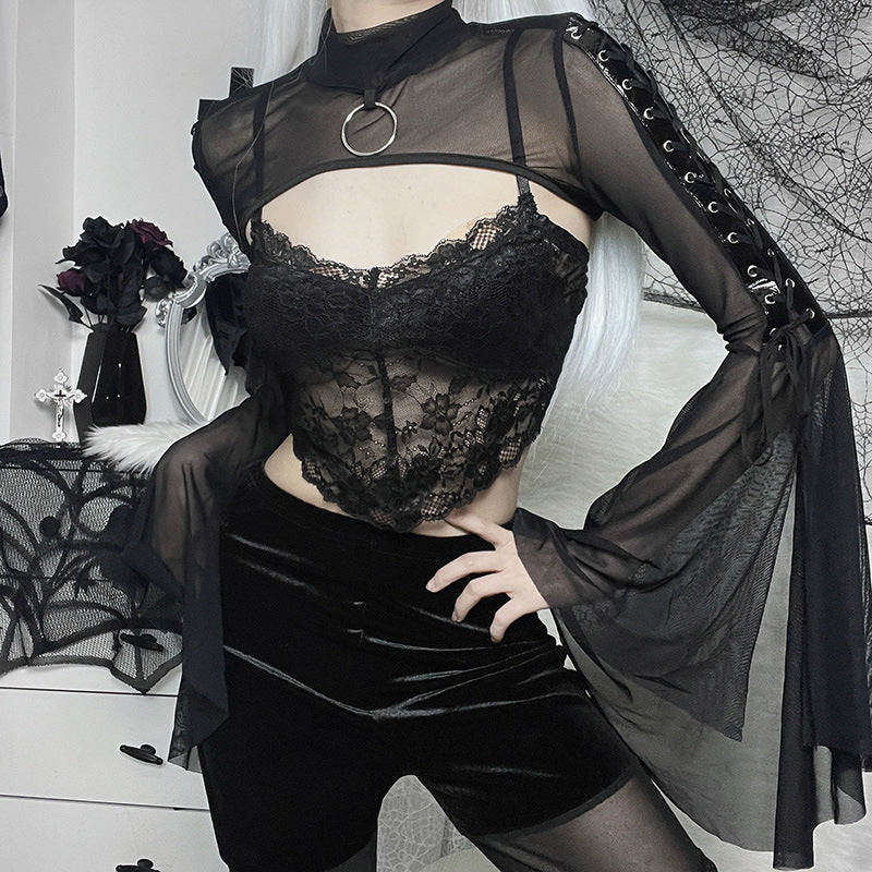 Women's Mesh Flared Sleeves Dark Style Long-sleeved Blouse