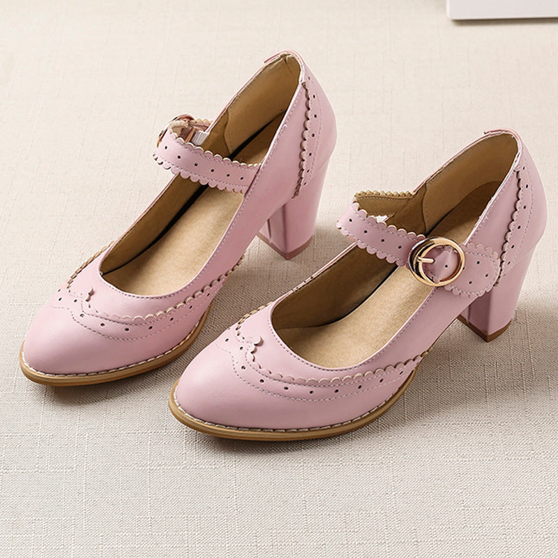 Spring new thick and buckle high heel Mary Jane shoes