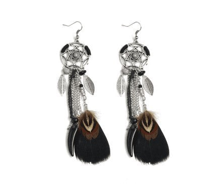 Vintage Dreamcatcher Metal Leaf Feather Pendant Stud Earrings