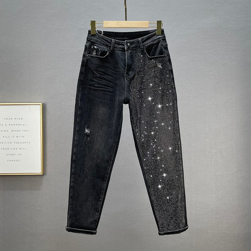 Loose Jeans Women's Cotton Elastic High Waist Slimming Hot Rhinestones